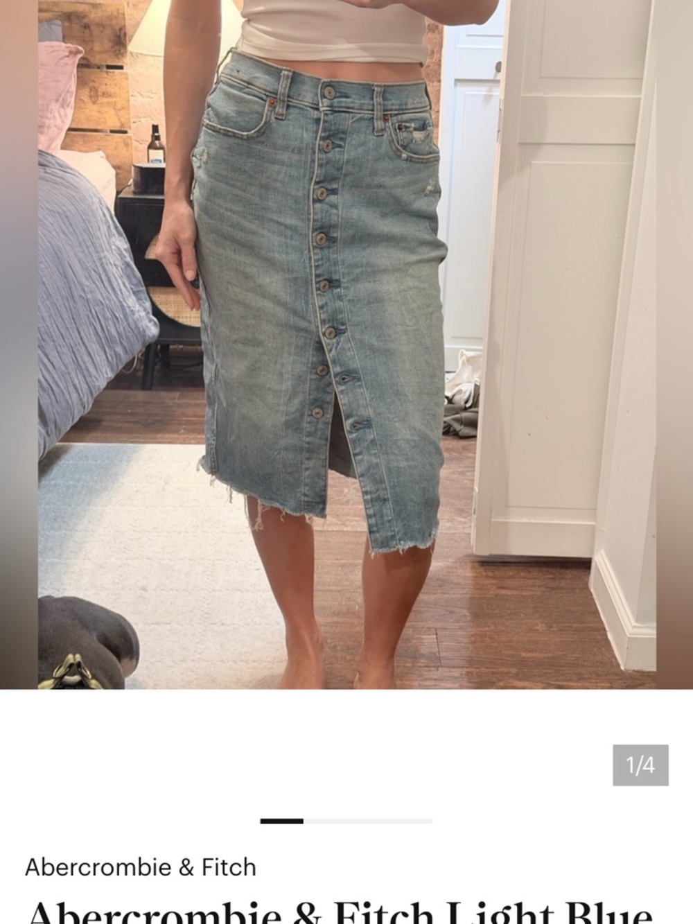 Abercrombie & Fitch Light Wash Button-Front Denim Midi Skirt